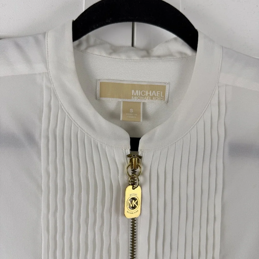Michael‎ Kors Pleated Zip Front Blouse Womens S White Roll Tab Sleeve